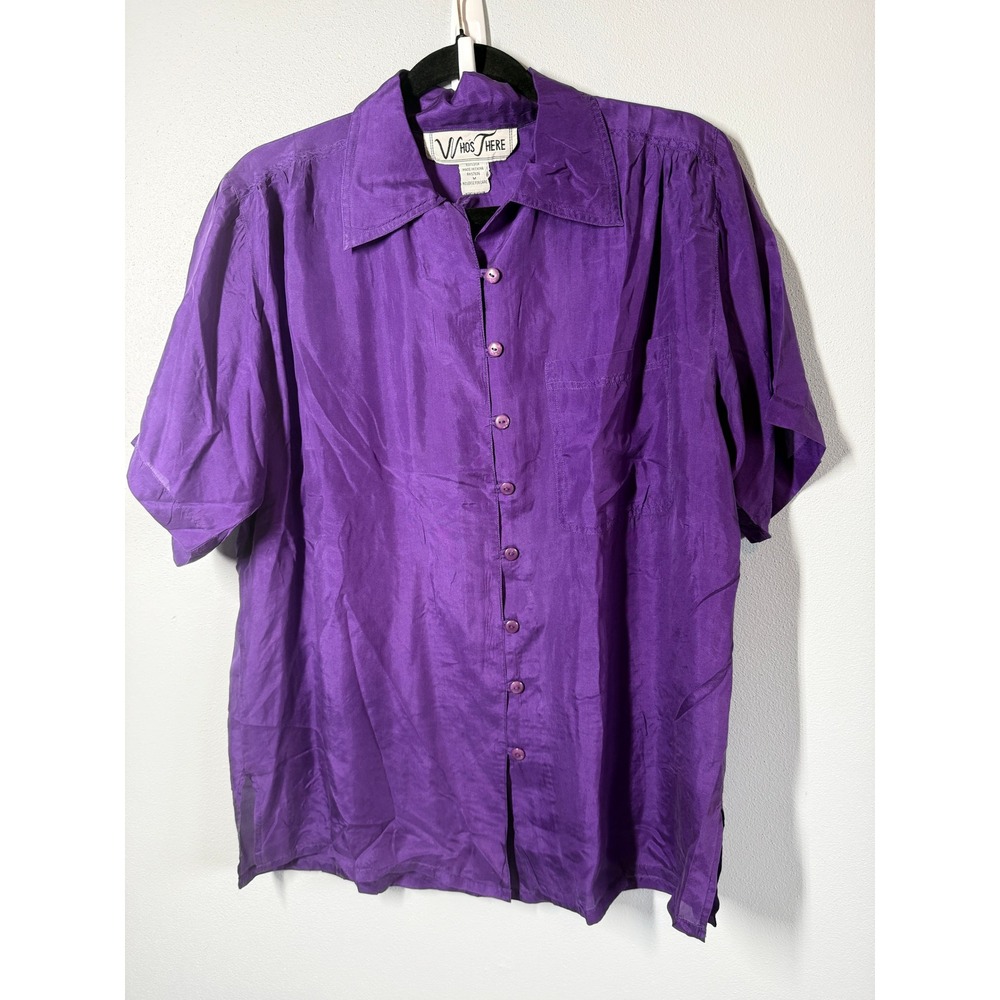 VTG Who's There Womens 100% Silk Button Up Shirt Purple Short Sleeve Size M